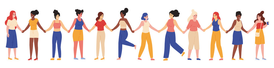 Female friends group. Young female diverse group, happy women stand together and hold hands vector illustration set. Women friends group