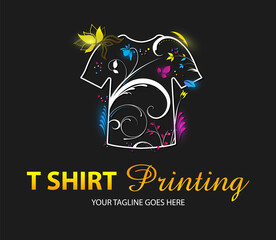 Abstract modern colored vector logo template of t-shirt printing. For typography, print, corporate identity, workshop, branding, factory, serigraphy, isolated on black background.