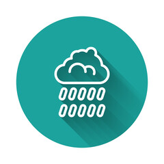 White line Cloud with rain icon isolated with long shadow background. Rain cloud precipitation with rain drops. Green circle button. Vector