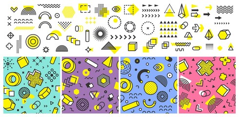 Memphis collection. Abstract geometric shapes, design kit. Decorative seamless patterns and vector minimalistic set