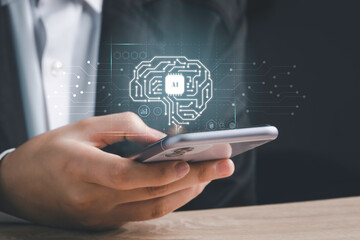 Artificial intelligence of futuristic technology concept. Businessman hand hold smartphone screen virtual circuit AI brain genius technology.