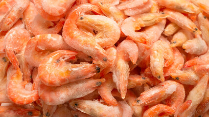 Fresh shrimps in ice. Top view.