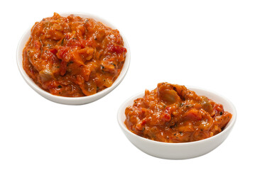 Vegetable stew in a bowl isolated on white background.