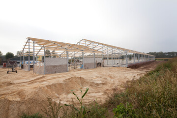 Fototapeta na wymiar Building a new cattle stable. Construction site. Framework. Farming. Netherlands.