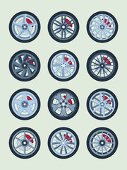 Brake pads for wheels. Wheels round forms steel modern rims garish vector illustrations set on white
