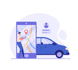 Man looking for a car near his location. Concept of car rental, car sharing, driver services, taxi, sober driver, smart car, technology, check, geolocation. Vector illustration in flat design