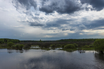 Clouds over the horizon. Landscape with a river and bushes along the shore. Bright green trees and bushes. Early spring.