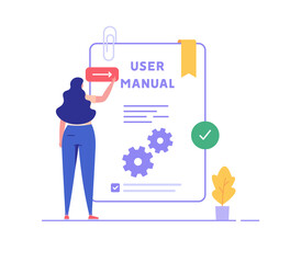 Woman read user manual book. Manager reading and writing guide instruction. Concept of customer guide, useful information, technical document. Vector illustration in flat design for UI, web banner