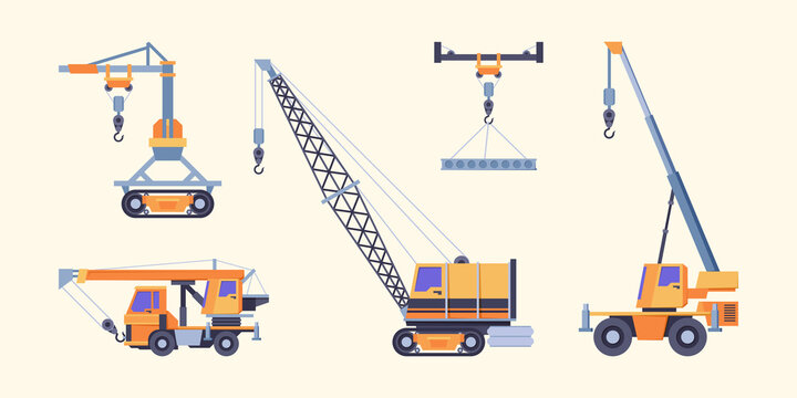 Cranes collection. Industrial loading machines for builders crane ropes with hook hoist vehicles garish vector transporters pictures