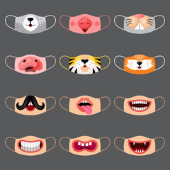 Cute face mask. Funny smile different animals and kids mouth print designs on viruses protective mask recent vector illustrations collection