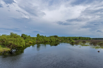 Obraz premium Clouds over the horizon. Landscape with a river and bushes along the shore. Bright green trees and bushes. Early spring.