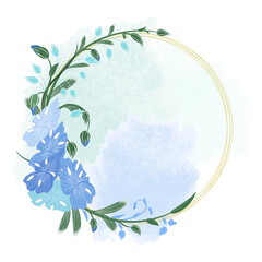 Round wreath of flax flowers, stems, buds and golden rings. Blue flax in the form of a frame for cards and invitations on a watercolor background in pastel colors. Vector illustration for date day.