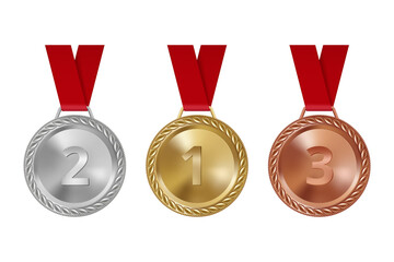 Sport medals. Set of bronze golden silver awards on red ribbons shiny achievement challenge prizes decent vector set isolated