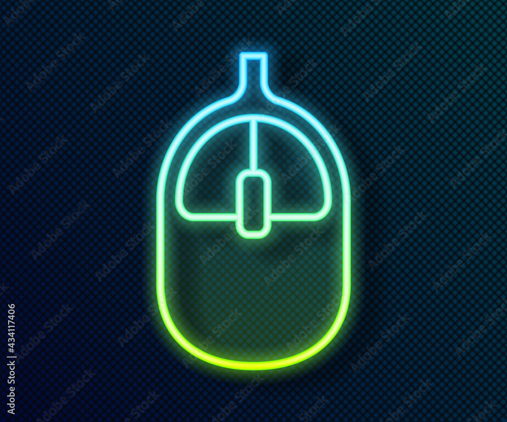 Poster glowing neon line computer mouse icon isolated on black background. optical with wheel symbol. vecto