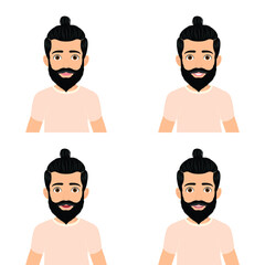 Set of male facial different expressions. Man character with different emotions. Emotions and body language concept illustration in vector cartoon style