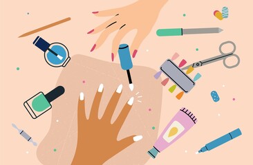 Manicure process. Female hand top view, nails swatches and professional tools. Beauty salon, cosmetics and woman hobby vector illustration