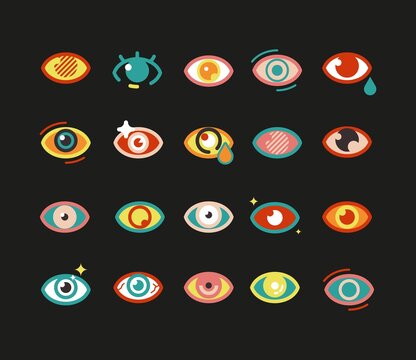 Eyes icons. Colorful eye symbol, abstract vision bright signs. Isolated human occult elements vector set