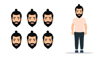 Set of male facial different expressions. Man character with different emotions. Emotions and body language concept illustration in vector cartoon style