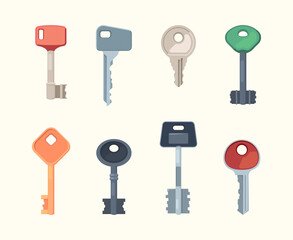 Keys collection. Steel and golden modern and retro keys safety home protection items security locks garish vector pictures set