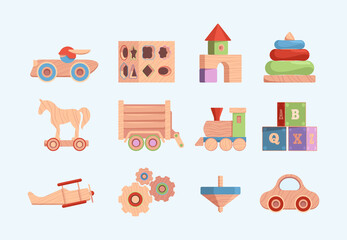 Old style wooden toy. Funny entertainments for kids vintage blocks cars soldiers garish vector illustrations set in flat style