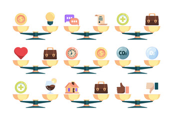 Business scales. Concept comparison times and money visualisation idea light bulb friendship on scales garish vector flat illustrations