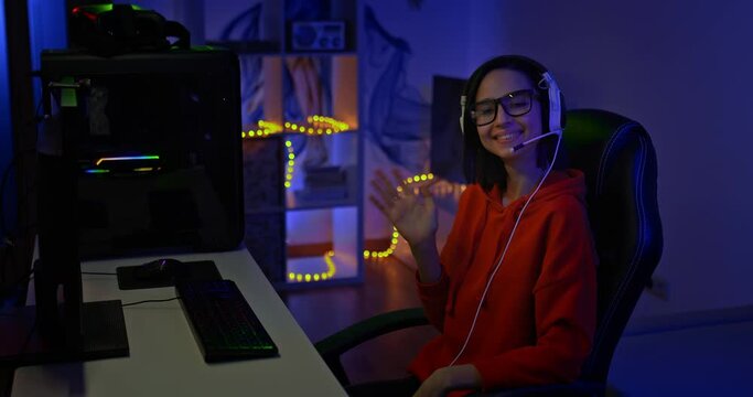 Portrait, a beautiful woman streamer sits in a computer chair and waves her hand, greets the participants of the stream. Young woman streamer smiling, she is happy, online conference. 4k, ProRes