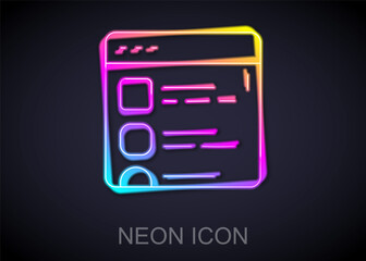 Glowing neon line Browser files icon isolated on black background. Vector