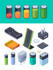 Charging stages. Battery levels for different gadgets power bank battery garish vector visualization isometric templates - obrazy, fototapety, plakaty