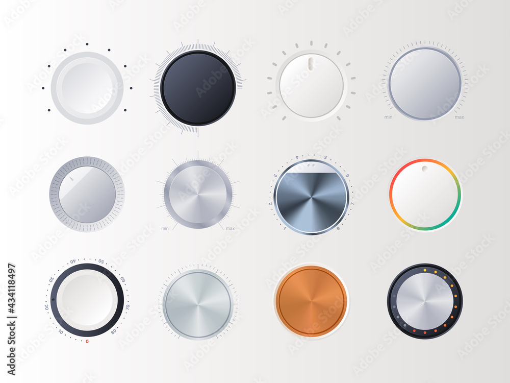 Poster round volume controllers. radial amplifier indicators digital sound music tuner items garish vector 