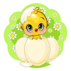 A little chick hatched from an egg. Funny chick. Cute and funny baby bird. The isolated object on a white background. Illustration. Cartoon style. Vector