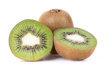 One whole kiwi and two sliced halves on a white background, isolated