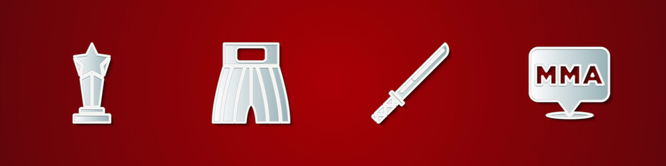 Set Award cup, Boxing short, Japanese katana and Fight club MMA icon. Vector