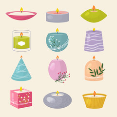 Aroma candles. Spa salon symbols styling decoration beeswax holiday light candles recent vector colored illustrations set