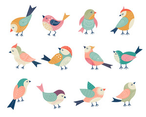 Flying birds. Decorative folk stylized illustrations of birds recent vector floral decor