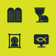 Set The commandments, Christian fish, icon and Holy grail or chalice icon. Vector