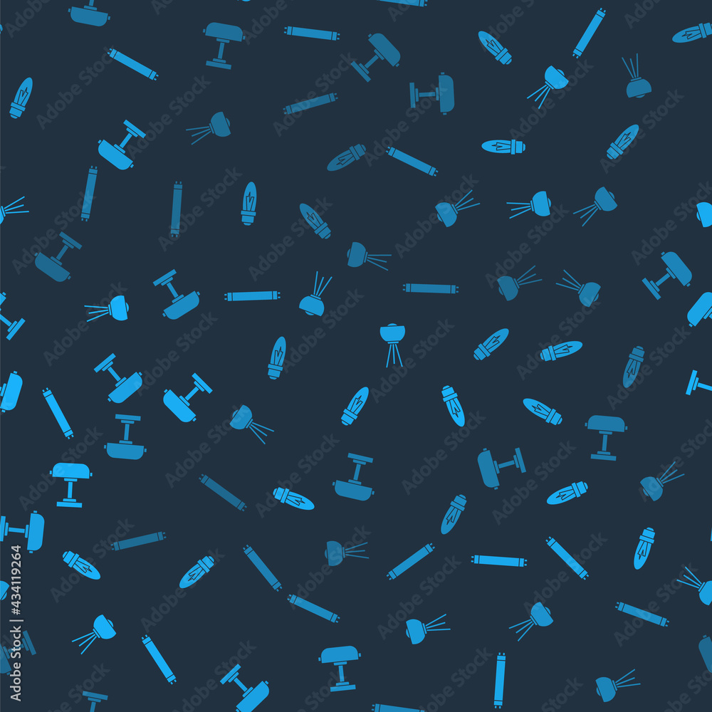Poster set fluorescent lamp, light bulb, floor and table on seamless pattern. vector