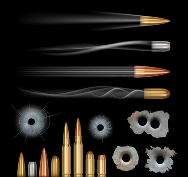 Bullet holes. Bullets realistic, cracked surface. Hunters elements and flight trail vector set