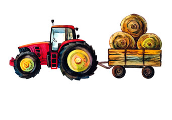 Cute tractor with trailer isolated on white background. Watercolour. Postcard. Book. Wallpaper. Banner. Print. Calendar. Texture. A graphic resource.