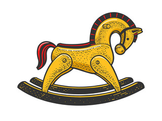 toy rocking horse color sketch engraving vector illustration. T-shirt apparel print design. Scratch board imitation. Black and white hand drawn image.