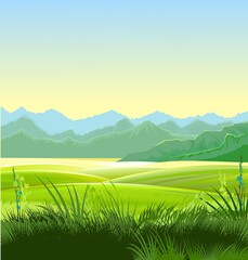 Fototapeta premium Rural landscape. Hills and meadows. Pastures and farmland. Beautiful nature view. The horizon is distant. Country farm land plot. Illustration. Vector