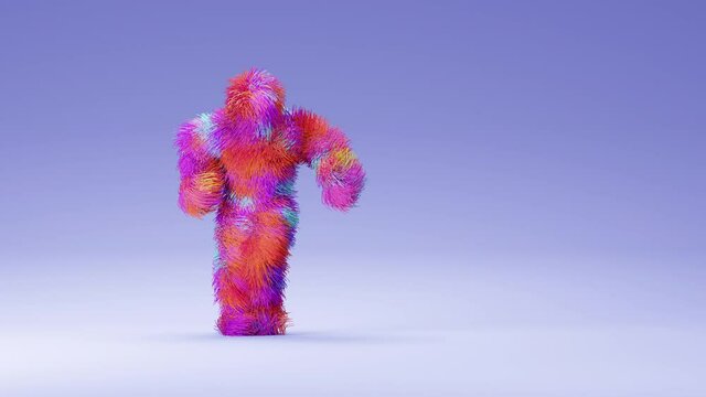 Colorful 3D animation of cartoon creature dancing happily. Seamless looping fluffy mascot dance. 3D rendering.