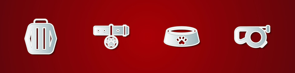 Set Pet carry case, Collar with name tag, food bowl and Retractable cord leash icon. Vector