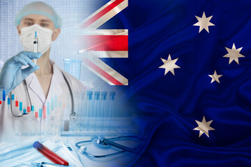 Australia national flag on satin, doctor with syringe, country population vaccination concept,...