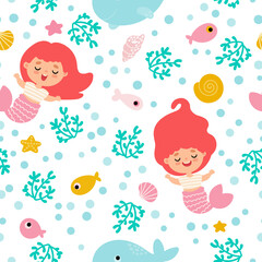 Obraz premium Seamless pattern with mermaids, fish and shells. Marine print in a simple cartoon style. Children's summer design