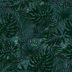 Tropical leaves grunge wallpaper abstract vector seamless pattern 