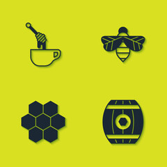 Set Honey dipper stick with honey, Wooden barrel, Honeycomb and Bee icon. Vector