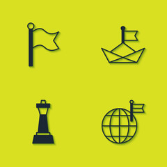 Set Flag, Planet with flag, Chess and Folded paper boat icon. Vector