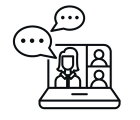 Video conference icon. People on computer screen. Home office in quarantine times. Digital communication. Internet teaching media. Webinar concept, online course, distance education, video lecture.