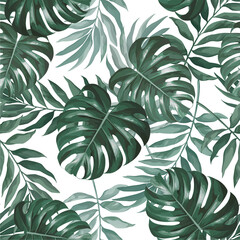 Vector watercolor style decorative seamless pattern with green monstera and palm leaves isolated on white background - obrazy, fototapety, plakaty