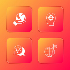 Set Hand holding Earth globe, Head hunting, Flag and Planet with flag icon. Vector